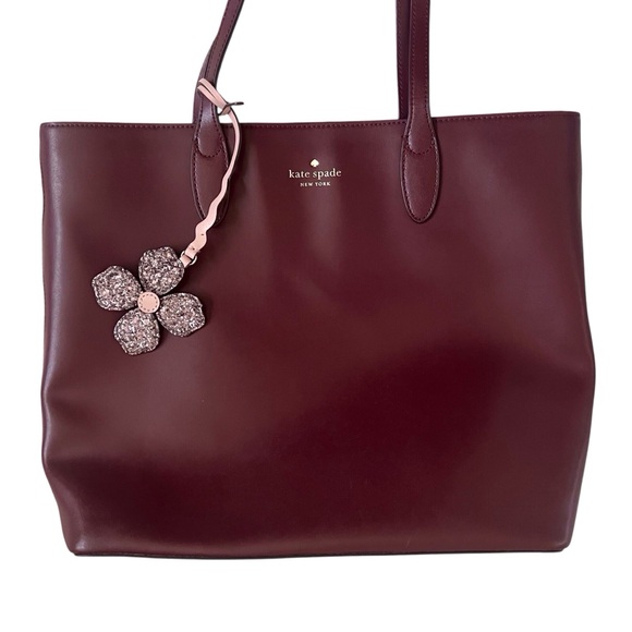 Kate Spade Kerri Tote Bag Leather Burgundy Purple Flower Charm Preppy Classic - Picture 2 of 12